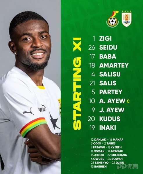 加纳VS乌拉圭首发苏亚雷斯、阿尤领衔 努涅斯出战